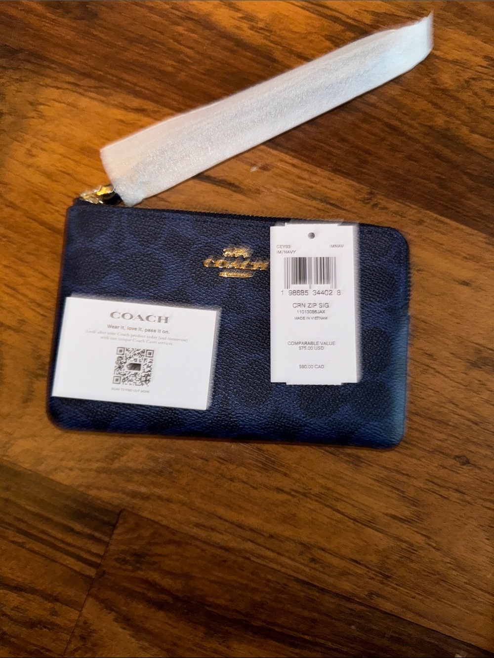 Coach Navy Signature Wristlet with Gold Hardware